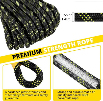 TRSMIMA Rope Harness Safety Lanyard：25ft Roofing Rope Fall Protection | Vertical Safety Harness Rope With Grab Snap Hooks Shock Absorber - Tree Climbing Line Kit Heavy Duty Safety Equipment ANSI CE