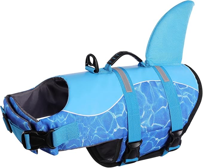 Shark Dog Life Jacket for Swimming, High Buoyant Adjustable Vest for Dogs (Blue, L)