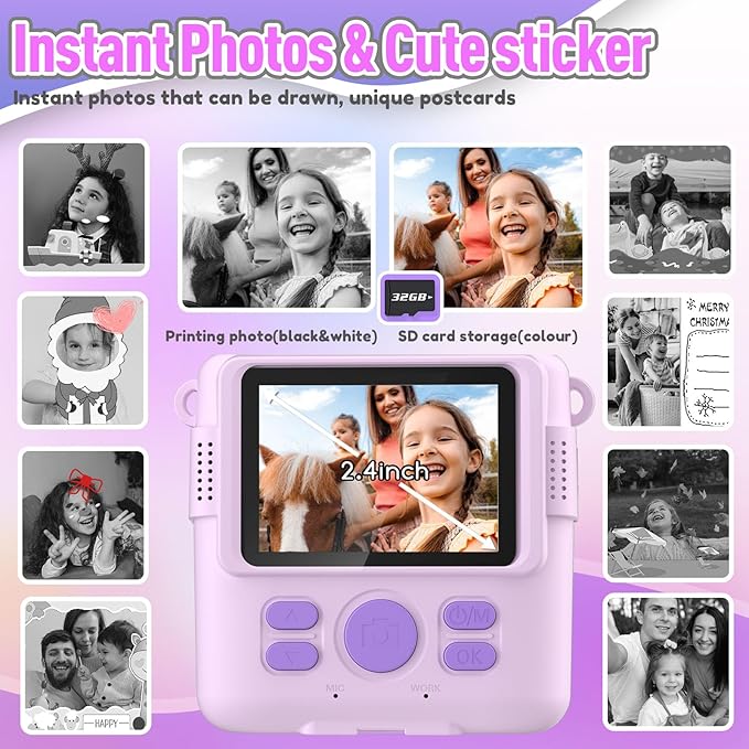 Instant Print Camera for Kids, Christmas Birthday Gifts for Girls Boys Age 3-12,Digital Kids Cameras for Toddler, Portable Toy for 3 4 5 6 7 8 9 10 Year Old Girl with 32GB SD Card-Purple