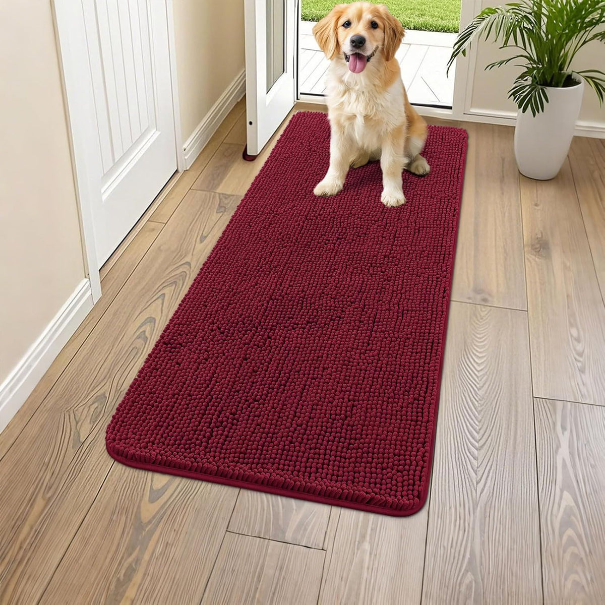 Smiry Dog Door Mat for Muddy Paws 47x24, Absorbs Moisture and Dirt Doormat, Non-Slip Washable Quick Dry Chenille Front Door Mat Indoor Entrance, Entryway Carpet for Inside Floor, Burgundy