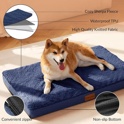 Patas Lague Orthopedic Large Dog Bed Pet Sofa Mat 42''X28'' Navy Blue | Egg-Crate Foam Dog Couch For Large Sized Dogs, Waterproof Removable Washable Cover, Soft Pet Crate Bed With Nonskid Bottom