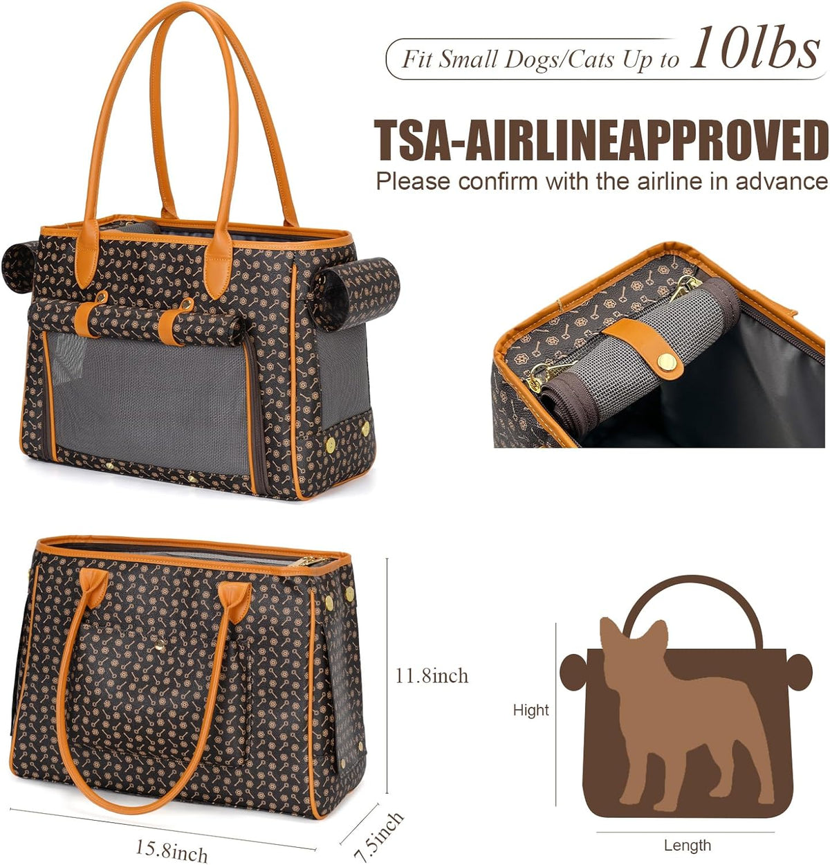 Minsong Fashion Pet Carrier Purse for Small Cat and Dog, Luxury Pu Soft-Sided Tote Bag with Large Pockets for Dogs and Puppies (Coffee, 15.8" L x 7.5" W x 11.8" H)