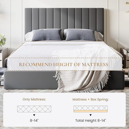 SHA CERLIN Queen Size Platform Bed Frame with 4 Storage Drawers, Vertical Channel Tufted Adjustable Headboard, Velvet Upholstered, Wooden Slats Support, No Box Spring Needed, Easy Assembly, Grey