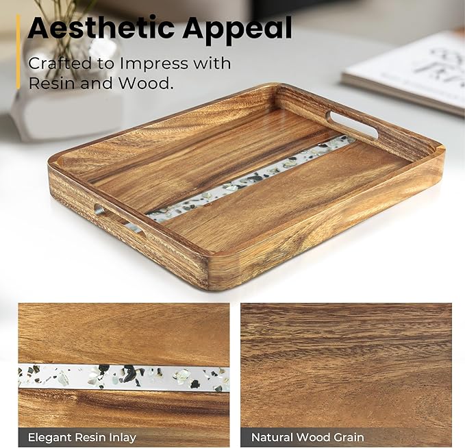 Acacia Wood Serving Tray with Handles, 17’’x13’’ Rectangular Decorative Ottoman Tray for Living Room, Coffee Table Tray for Decor, Breakfast in Bed