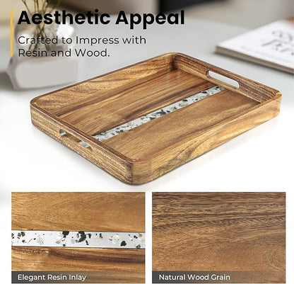 Acacia Wood Serving Tray with Handles, 17’’x13’’ Rectangular Decorative Ottoman Tray for Living Room, Coffee Table Tray for Decor, Breakfast in Bed