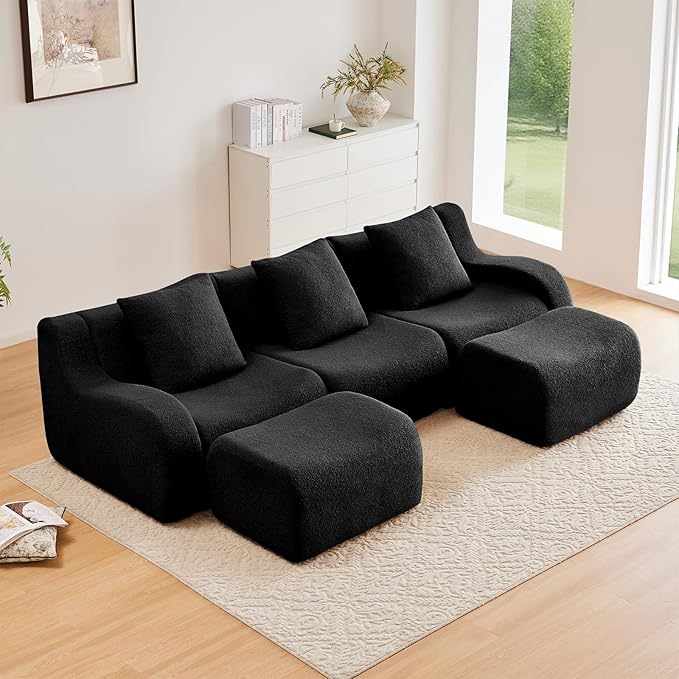 Black U-Shaped Cloud Couch with 2 Ottomans, Modern Teddy Fabric Boneless Sectional Sofa in a Box for Living Room, Modular Floor Couch, Deep Seat, No Assembly Required, Sofas para Sala