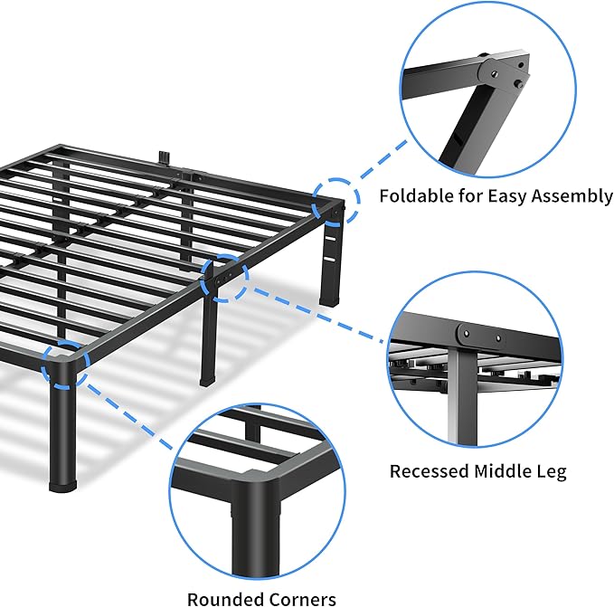 14 Inch King Size Bed Frame, 3500Lbs Heavy Duty Metal Platform with Round Corner Legs Mattress Slide Stopper, Steel Slat Support No Box Spring Needed, Noise Free, Non-Slip, Easy Assembly