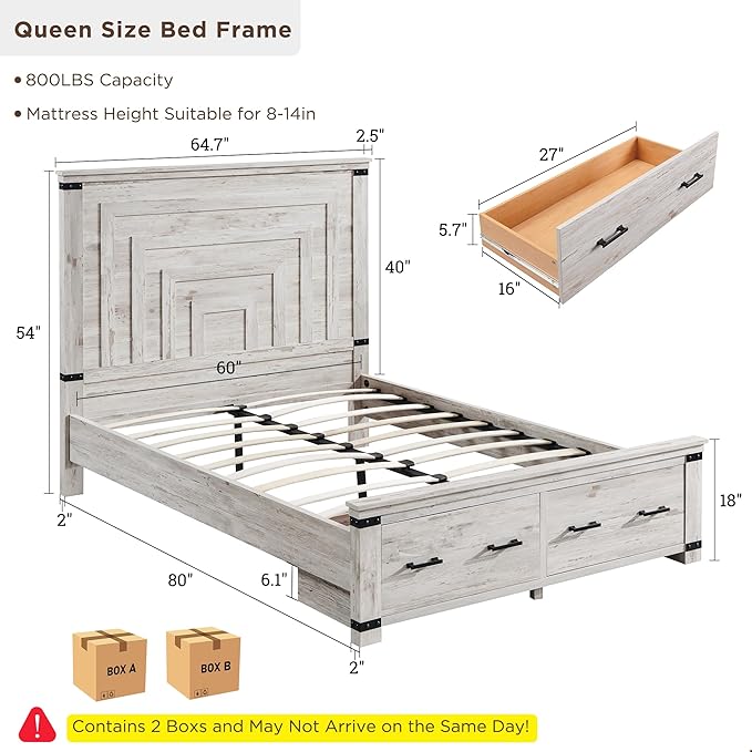 T4TREAM Farmhouse Queen Size Bed Frame with 54" Tall Geometric Headboard & 2 Large Storage Drawers, Rustic Wood Platform Bed with Wood Slats Support, No Box Spring Needed, Antique Brushed White