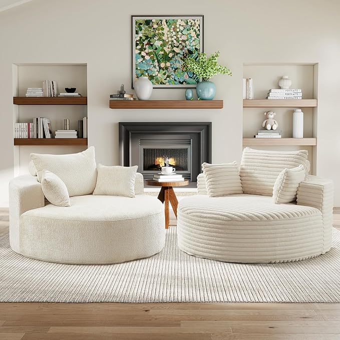 JEEOHEY Modern Round Accent Sofa Chair for Living Room, Upholstered Corduroy Barrel Lounge Arm Chair with Large seat&Throw Pillows for Bedroom, Office, Apartment, Beige