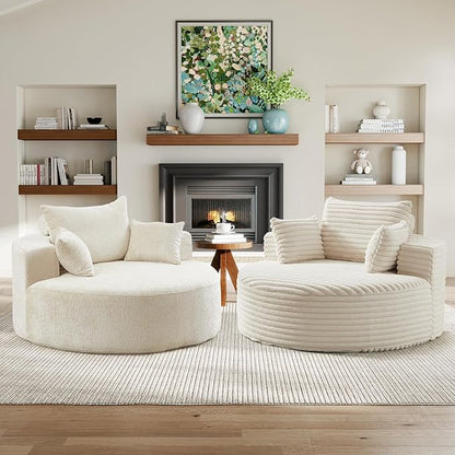 JEEOHEY Modern Round Accent Sofa Chair for Living Room, Upholstered Corduroy Barrel Lounge Arm Chair with Large seat&Throw Pillows for Bedroom, Office, Apartment, Beige