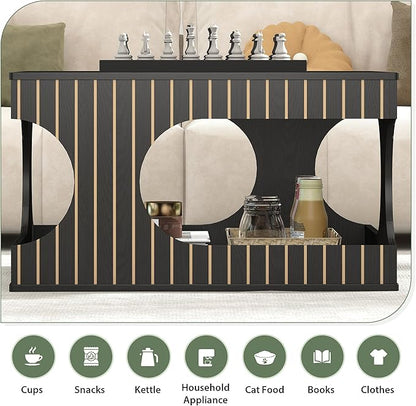 weselon 31.5" Square Coffee Table with Storage, Mid-Century Modern Center Table with Arched Cutouts and Carved Lines, 2-Tier Tea Table for Living Room, Cat-Friendly Base (Black)