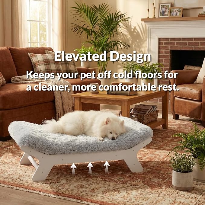 Elevated Wood Dog Bed Frame Mat Set, Whitecolor, X-Large | Raised Sturdy Attractive Dog Sofa Couch Furniture,110 lb