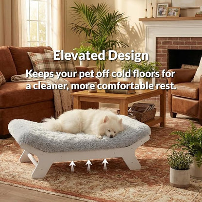 Elevated Wood Dog Bed Frame Mat Set, Whitecolor, Medium | Raised Sturdy Attractive Dog Sofa Couch Furniture,55 lb