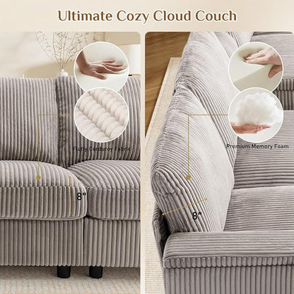 153" W x 60" D U Shape Sectional Sofa with USB Charging & Cup Holder & Storage, 6 Seater Plush Corduroy Couches with Movable Ottoman, Cloud Couch Sofas for Living Room, DIY Combination - Light Grey