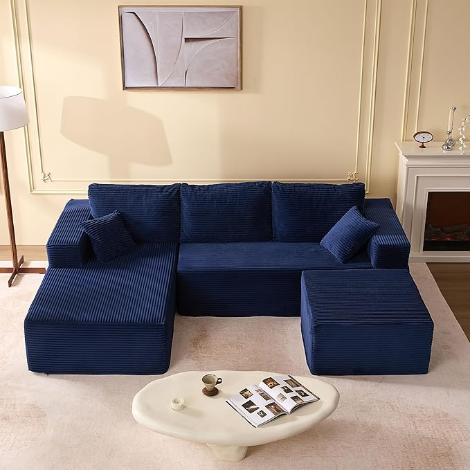 107" Boneless Couch with Deep Seat, Modular Sectional Sofa, Cloud Sectional Couch for Living Room, No Assembly Required, Corduroy, U-Shape 3 Seater Left, Blue