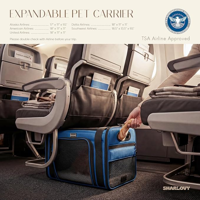 Top-Side Expandable Pet Carrier, Treat Window,18x13x9.5 Airline Approved | for Southwest Frontier,Soft-Sided Cat Carrier, Anti-Scratch Mesh, Lockable Zippers,Dog Carrier for Kitten,Rabbit,Puppy, Blue