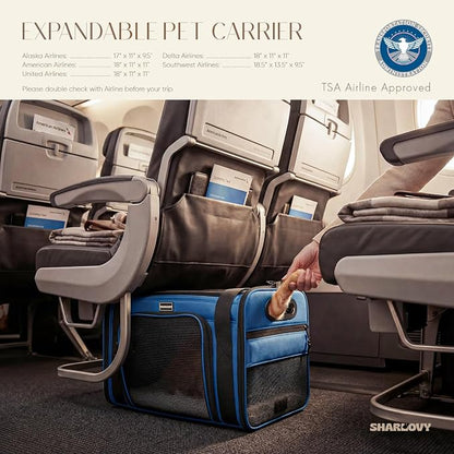 Top-Side Expandable Pet Carrier, Treat Window,18x11x11 Airline Approved | for Delta American United,Soft-Sided Cat Carrier,Anti-Scratch Mesh,Lockable Zippers,Dog Carrier for Kitten,Rabbit,Puppy,Blue
