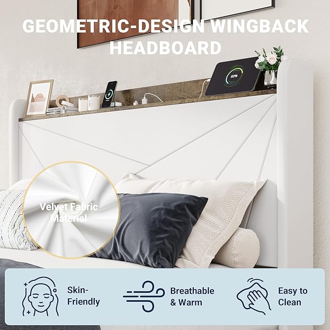 Allewie Queen Size Velvet Bed Frame with 3 Storage Drawers, Upholstered Platform Bed with Wingback Storage Headboard and USB Ports, No Box Spring Needed, Easy Assembly, White