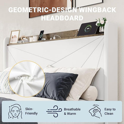 Allewie Queen Size Velvet Bed Frame with 3 Storage Drawers, Upholstered Platform Bed with Wingback Storage Headboard and USB Ports, No Box Spring Needed, Easy Assembly, White