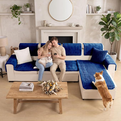 FUANGUI 2 Pack Waterproof Couch Cover for Dogs Pets Sofa Protector | Non-Slip Washable Fuzzy Soft Sofa Slipcover for 2 PCS L Shaped Sofa Pet Friendly, 27.6" x 70.9"+27.6" x 82.7", Navy Blue