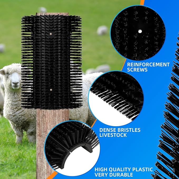 Extra Large Size Livestock Scratching Brush, Upgraded Horse/Goat/Cow/Cattle Scratcher Brush for Grooming, Itch Relief Horse Scratcher Brushes Kit with Two Sets of Mounting Screws(1-Pack,Black)