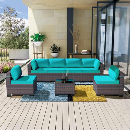 Kullavik 7 Pieces Outdoor Patio Furniture Set,Sectional Rattan Sofa Set Brown PE Rattan Wicker Patio Conversation Set with Tempered Glass Coffee Table and Washable Cushions Covers,Turquoise Blue