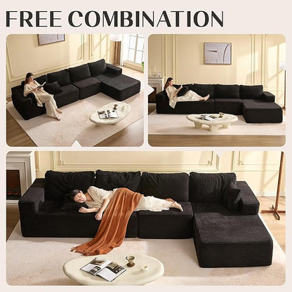 138" Boneless Couch with Deep Seat, Modular Sectional Sofa, Cloud Sectional Couch for Living Room, No Assembly Required, Corduroy, 4 Seater L-Shape Right, Black