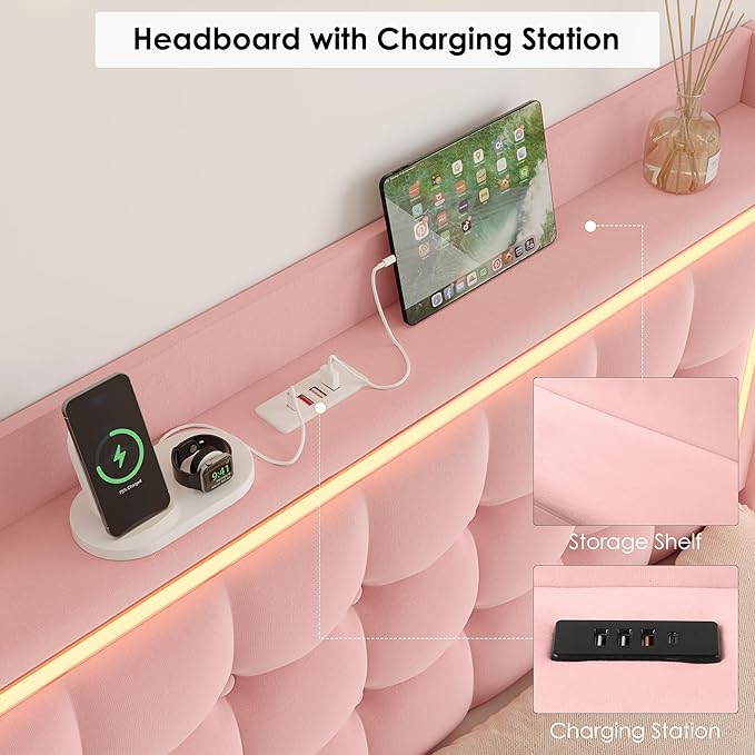 Keyluv Upholstered Full Floating Bed Frame with RGB LED Lights and Charging Station, Velvet Platform Bed with Button Tufted Storage Headboard, Type-C & USB Charging Ports, No Box Spring Needed, Pink