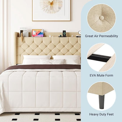 Allewie Queen Size Bed Frame, Storage Headboard with Charging Station, Wingback Linen Upholstered, Diamond Stitched Button Tufted, Sturdy Wooden Slats, No Box Spring Needed, Easy Assembly, Beige