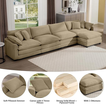 Aoowow Corduroy 4 Seater Cloud Couch with Ottoman,Modern Cloud Couches for Living Room,Modular Sectional Cloud Sofas with Deep Seat,Oversized Tufted L-Shaped Sofa Set (Tan, 4 Seater + 1 Ottoman)