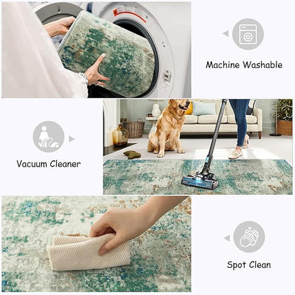 Lahome Modern Abstract Area Rugs 3x5 Washable Rug, Throw Rugs for Bedroom Low Pile Anti Slip, Distressed Accent Carpet for Entryway Kitchen Bathroom Laundry Front Door, Green/Grey
