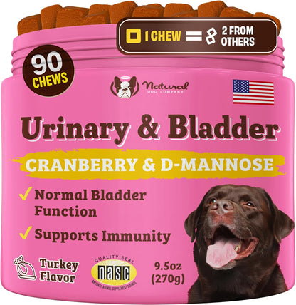 Natural Dog Company Cranberry Supplement for Dogs - Urinary & Bladder Support - D-Mannose for Dog Promotes Bladder Health - Turkey Flavor - Dog UTI Incontinence Supplement - 90 Soft Chews