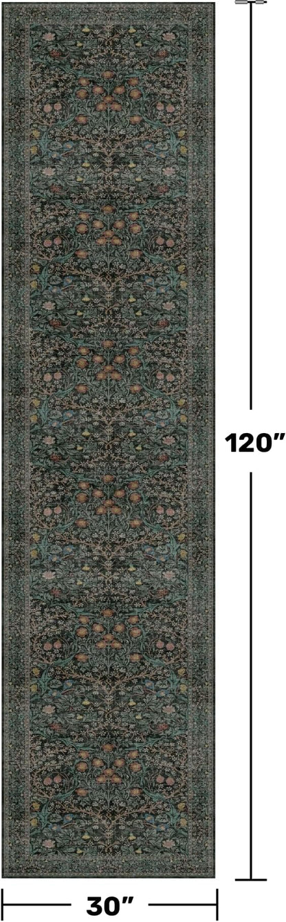 Dark Green 2'6" x 10' Runners for Wide Hallways Non Slip, Extra Long 10ft Floor Runner for Kitchen, Entryway Indoor, Washable Rubber Backing Stain Resistant - Vintage Floral Décor