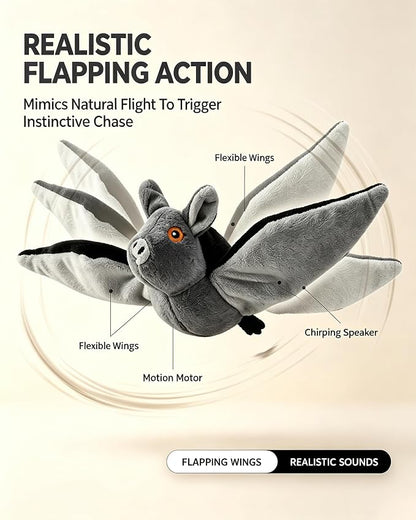 Flying Bat Dog Toy, Interactive Flying Bat Toy for Dogs with Flapping Wings, Chirping Sounds, USB Rechargeable, Touch Activated, Hanging or Floor Toy for Dogs, Puppies and Cats to Reduce Boredom，1PCS