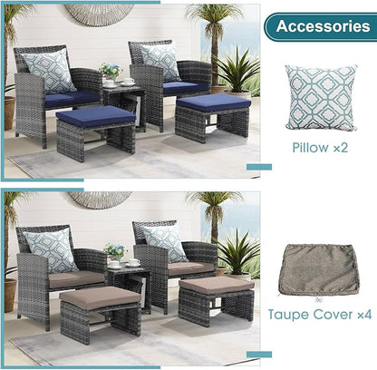 OC Orange-Casual 5 Piece Patio Furniture Set, Wicker Outdoor Conversation Chair and Ottoman Set with Coffee Table, Pillows Included, for Balcony, Porch, Deck, Navy Blue