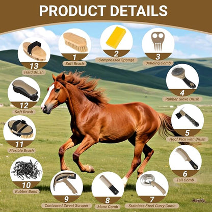 Horse Grooming Kit, 14-in-1 Professional Horse Brush Supplies Set for Grooming & Care, with Horse Brushes, Curry Comb, Hoof Pick & Waterproof Storage Tote Bag for Shining, Detangling, Massaging(Khaki)