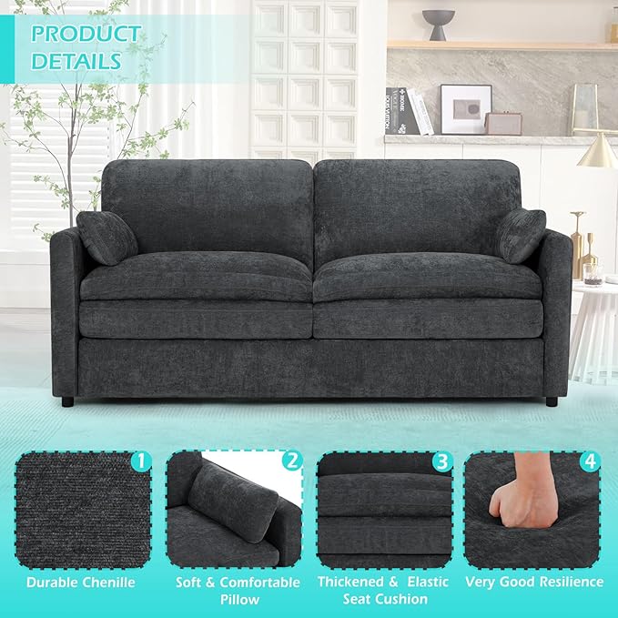 69” Chenille Loveseat Sofa w/Arm Pillows, Upholstered 2-Seater Sofa w/Comfortable Back Cushions, Modern 2 Seats Couch w/High-Density Foam for Living Room, Apartment, Office, Grey
