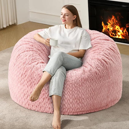 4ft Bean Bag Chairs for Adults Large Beanbag Chair with Chevron Plush Fur Cover Big Bean Bag Chair for Living Room Bedroom Dorm (Pink)