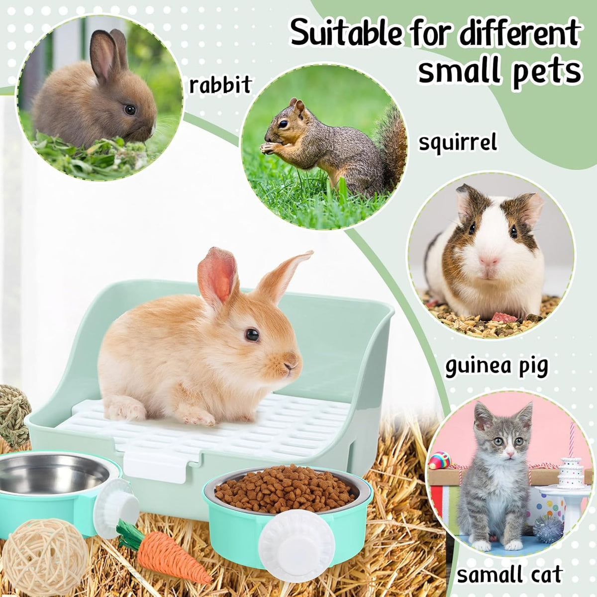 15 Pcs Rabbit Starter Kit Small Rabbit Litter Box Animal Grooming Kit Bunny Toys Bowl Blankets with Cleaning Set for Guinea Pig Accessories(Green)