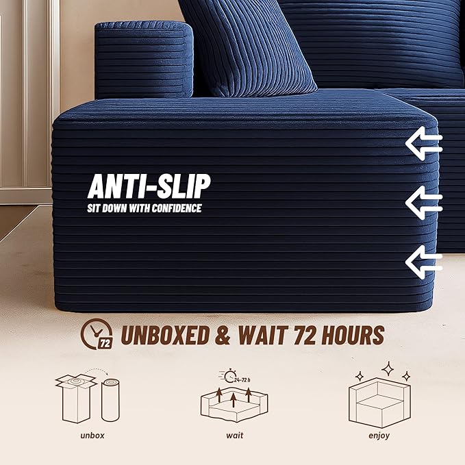 107" Boneless Couch with Deep Seat, Modular Sectional Sofa, Cloud Sectional Couch for Living Room, No Assembly Required, Corduroy, L-Shape Left?Blue