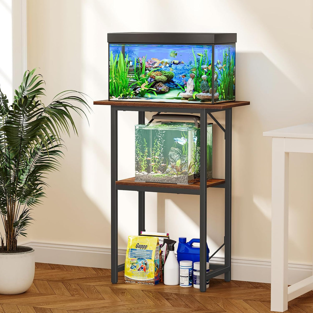 Snughome 10-20 Gallon Fish Tank Stand, Aquarium Stand 2-Tier Storage Shelves, Heavy Duty Terrarium Stand for Home Office Fish Tank Shelf, 24" L x 11.8" W x 30.7" H, Rustic Brown