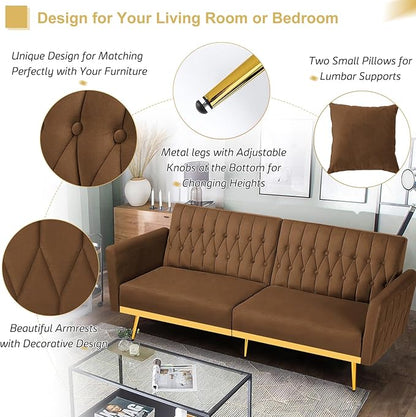 70” Velvet Futon Sofa Bed with 2 Pillows and Adjustable Armrests, Convertible Sleeper Bed W/Adjustable Backrests, Modern Loveseat for Living Room, Bedroom, Brown