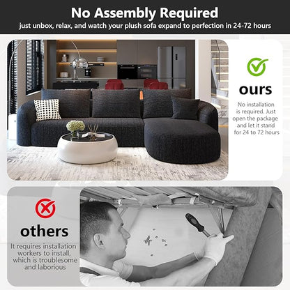 111" Modular Sectional Couches Luxury Modern Curved Back Sofa,Minimalist Comfy L-Shape Boneless Cloud Couch for Living Room Apartment,(Right Facing Chaise,Black)