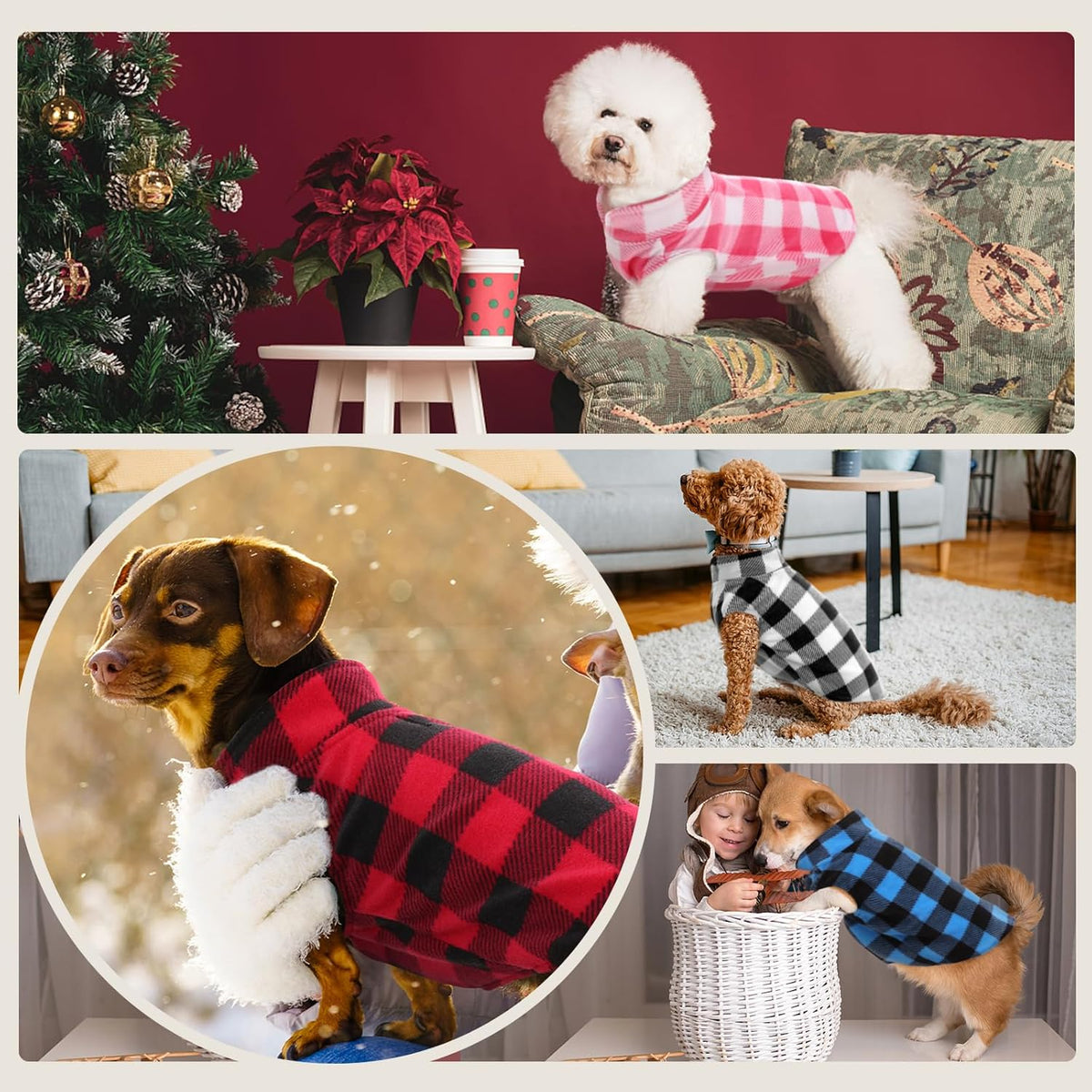 Kuoser Dog Fleece Vest,Warm Plaid Dog Sweater with Leash Hole,Soft Turtleneck Winter Pet Jacket Dogs Coat Pullover Clothes for Small Medium Dogs Cats,Spring Fall Cold Weather Christmas Outfit,Blue XXS