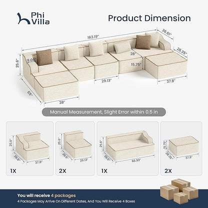 PHI VILLA Cloud Modular Couch, Boneless Sectional Sofa with U-Shaped Chaise, 7-Seater Couches with Movable Ottomans for Living Room, No Assembly Required, Corduroy, Beige