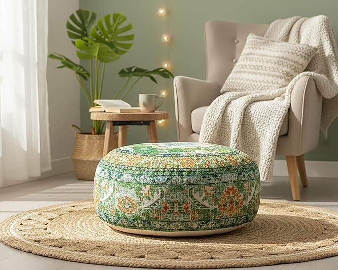 Indian Yoga Décor Pouf Cover Green Round Green Floor Pillow Case Room Décor Moroccan Décorative Cushion Perfect for Living Room, Bedroom, Nursary or Children Room Cotton 24x8 Unstuffed