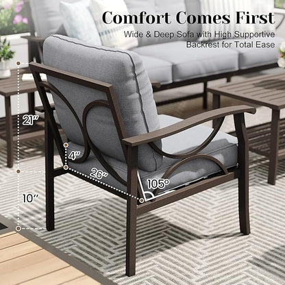 FansaFurn 8-Pieces Outdoor Patio Furniture Set with 43" Fire Pit Table, Metal Outdoor Sectional Furniture with Cushions, Outdoor Conversation Set for Garden, Balcony, Deck, Backyard, Grey