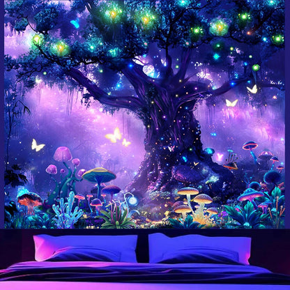 Atrippy Blacklight Fantasy Forest Poster Tapestry for Bedroom, Black Light UV Nature Tree of Life Tapestries Wall Hanging, Magical Mushroom Butterfly Backdrop for Living Room Dorm Decor 51x60 Inches
