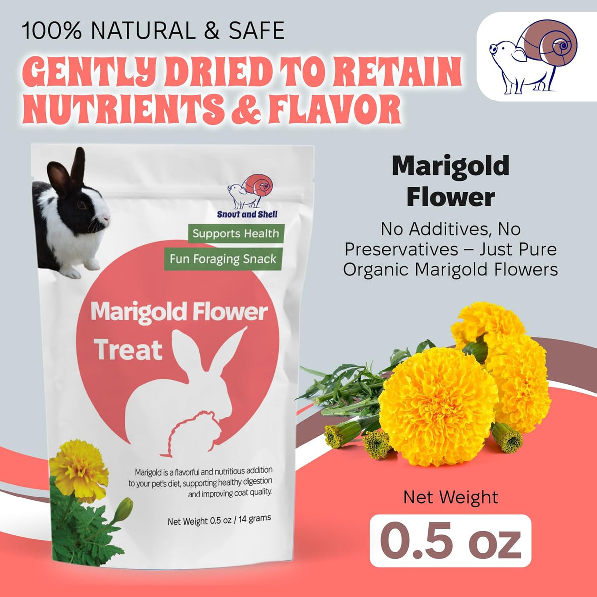 Snout and Shell Small Animal Treats – Pea Flakes, Dandelion Leaf (1oz), Marigold Flowers (0.5oz) – Natural Foraging Snacks for Rabbits, Guinea Pigs, Chinchillas, Hamsters & More