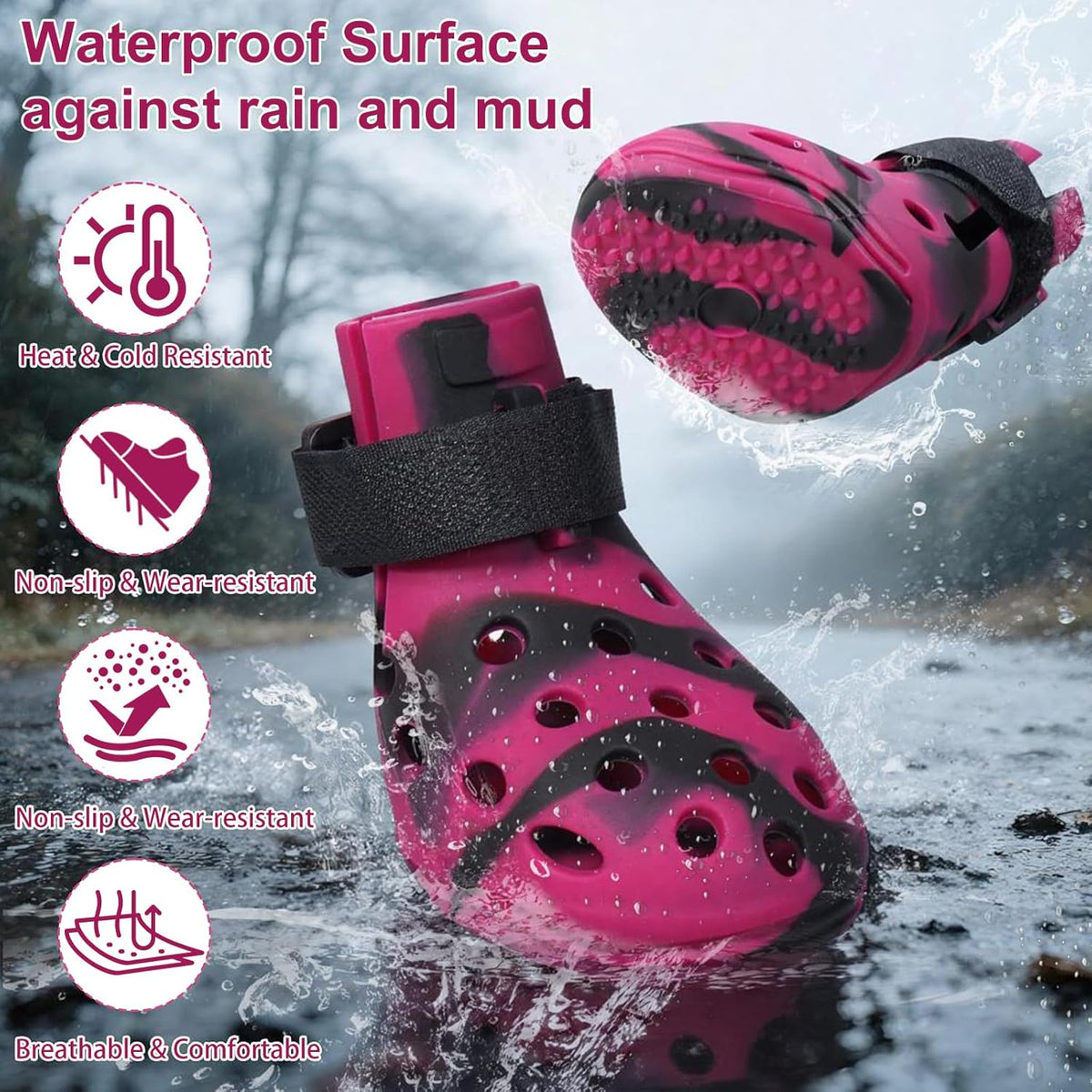 Dog Shoes for Hot Pavement and Snow, Silicone Dog Booties for Small Medium Large Dogs, Waterproof Paw Protectors- Non-Slip, Adjustable Straps, Dog Boots for Beach/Rain/Hiking (Black Pink, L)
